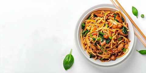 Poster - Top view of Chinese Lo Mein on white background. Concept Chinese Lo Mein, Food Photography, Top View, White Background