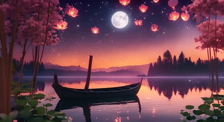 Sticker - The night sky with bright moonlight reflecting on the lake surface inside a forest with beautiful lotus petals 4k animation