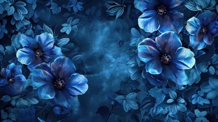Wall Mural - Vibrant Floral Digital Art on Bold Blue Background with Rule of Thirds and Vignette Effect