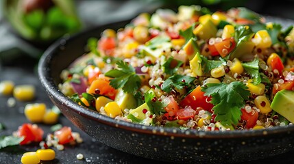 Wall Mural - Close-Up of Fresh Quinoa Salad with Colorful Vegetables in Black Bowl