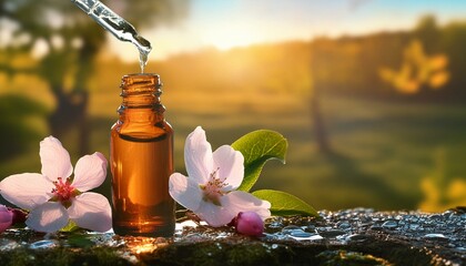 two crab apple flower bach, tree, sunny field naturem, drop essence, glass pipette, bottle glass brown, sunshine, flower therapy