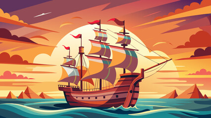 Wall Mural - Majestic Sailing Ship on a Sunset Voyage Illustration