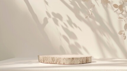 Poster - Serene Minimalist Wooden Podium with Delicate Grey Leaves on a Soft Pastel White Background for Product Display in Natural Light