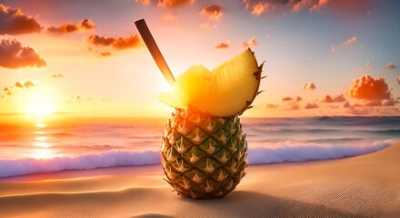 Wall Mural - Pina colada coconut shell pineapple slice beach sunset 4k animation