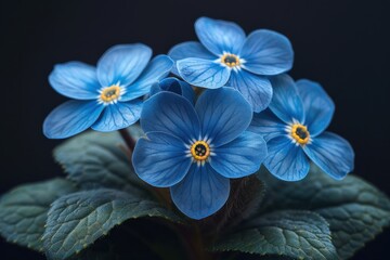 Wall Mural - Forget-me-not flower shines with its tiny, five-petaled blooms curving outward, set against a dark background. The surrounding green leaves provide a complementary touch.
