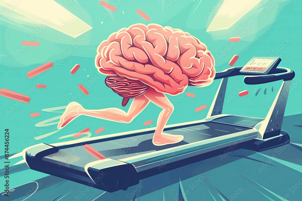 Cartoon style isolated illustration of human brain running on treadmill ...