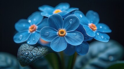 Wall Mural - Forget-me-not flower stands out with its vibrant, sky-blue petals, glowing softly against a dark backdrop. The tiny green leaves provide a perfect contrast to its charming elegance.