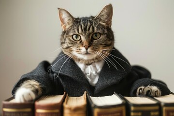 Wall Mural - Happy cat wearing Lawyer costumes, studio lighting, isolated on white background, stock photographic style