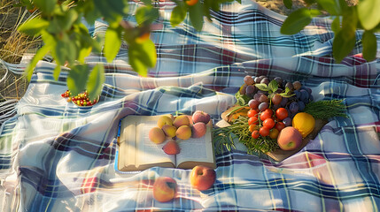 Wall Mural - A plantbased picnic blanket with a variety of natural foods and a book on a beach with grass patterns, creating an artistic and relaxing atmosphere