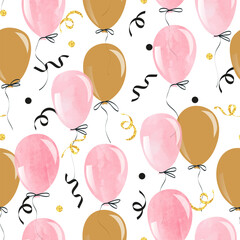 Wall Mural - Watercolor pink and gold balloons seamless pattern. Vector celebration background