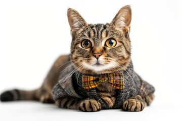 Wall Mural - Happy cat wearing Reporter costumes, studio lighting, isolated on white background, stock photographic style