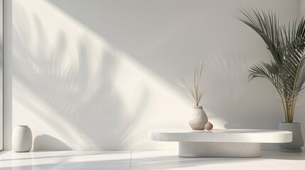 Wall Mural - Serene Minimalism - 3D Rendering with Centered Negative Space on Modern White Background in Neutral Tones and Diffused Light