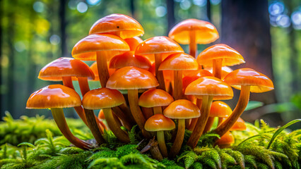 Vibrant green moss and fallen leaves surround a cluster of bright orange perl pilz mushrooms growing naturally in a forest floor environment.