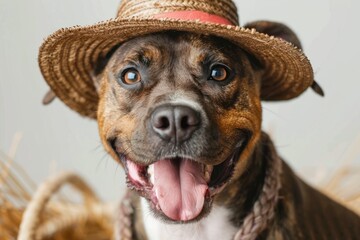 Wall Mural - Happy Dog wearing Farmer costumes, studio lighting, isolated on white background, stock photographic style