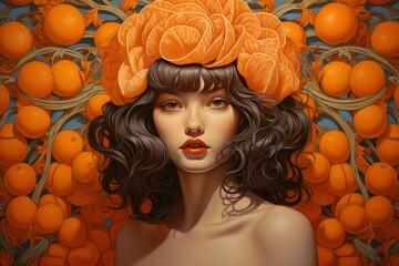 Wall Mural - Artistic portrait of a woman with a stylized hat made of orange slices, surrounded by oranges