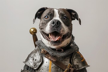 Happy Dog wearing Knight costumes, studio lighting, isolated on white background, stock photographic style