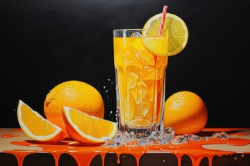 Wall Mural - Vibrant still life of fresh orange juice in a glass with sliced oranges on a sleek surface