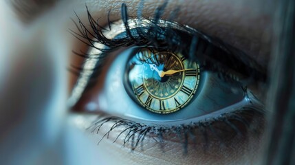 Woman's eye with a clock lens on her eyeball closeup image. Lack of time or time passing by concept