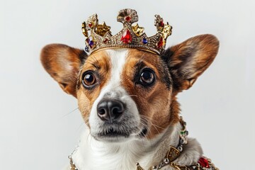 Wall Mural - Happy Dog wearing Queen costumes, studio lighting, isolated on white background, stock photographic style