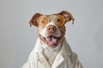 Wall Mural - Happy Dog wearing Scientist costumes, studio lighting, isolated on white background, stock photographic style