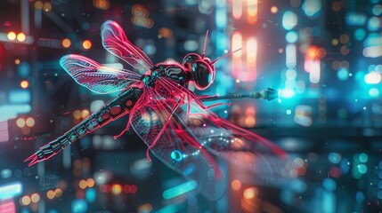 Sticker - Digital of a dragonfly evolving into a futuristic,robotic creature with glowing neon lights. - Digital of a dragonfly evolving into a futuristic,robotic creature with glowing neon lights.