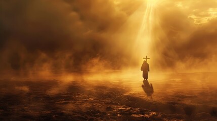 Poster - Stunning silhouette of a solitary figure with a cross standing in a smoky desert landscape,with dramatic sunbeams breaking through the hazy atmosphere,creating a powerful. - Stunning silhouette of a s