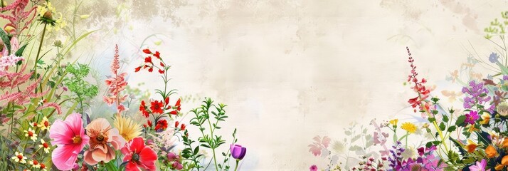 Wall Mural - Vibrant and colorful summer floral landscape with a clean text space for contemporary wallpaper or background design. Featuring a mix of blooming flowers,greenery,and a serene pastoral scene. - Vibran