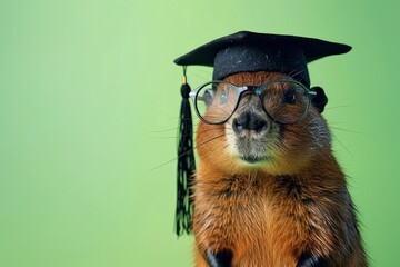 Wall Mural - An Anthropomorphic Beaver Wears Glasses and a Graduation Cap on a Chartreuse Background Representing the Concept of Education, Achievement, and Success