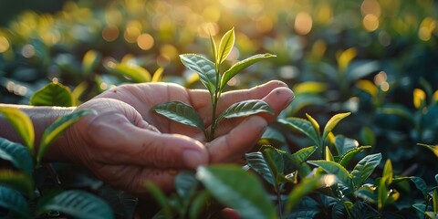 green tea leaf in hand on background of mountains. Harvesting tea by farmer hand