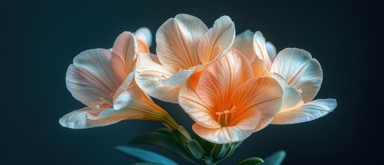 Wall Mural - Freesia flower shines with its delicate, funnel-shaped blooms curving outward, set against a dark background. The surrounding green leaves provide a complementary touch.