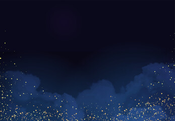 Wall Mural - magic night dark blue frame with sparkling glitter bokeh and light art. square vector wedding card. 