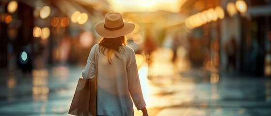 A woman wearing a straw hat and carrying a shopping bag walks down a street