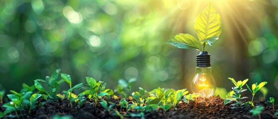 Conceptual image of a light bulb with a plant, symbolizing renewable energy and growth in a lush, green environment.