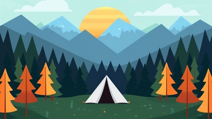 Autumn camping in a national park, setting up tent, flat design illustration