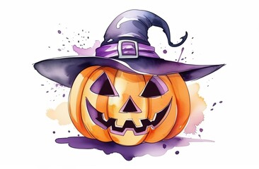 Wall Mural - A cute Halloween pumpkin in a witch hat. Watercolor  illustration isolated on a white background in a cartoon style. Magic pumpkin. Happy celebration.