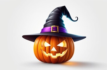 Wall Mural - A cute Halloween pumpkin in a witch hat. 3D illustration isolated on a white background in a cartoon style. Magic pumpkin. Happy celebration.