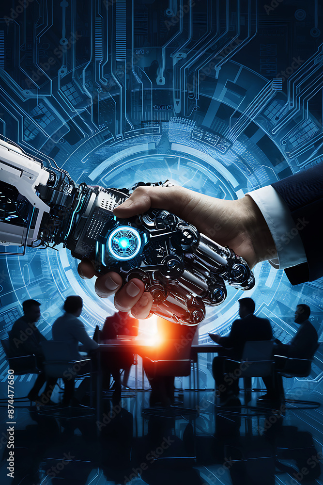 AI and Human handshaking at a conference for a futuristic business deal ...