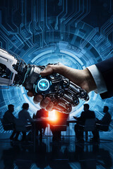 ai and human handshaking at a conference for a futuristic business deal, human hands and robot hands