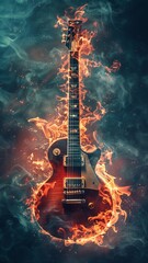 Rock guitar fire burning engulfed in flames, creating a dramatic and intense visual. Passion, destruction, and the raw power of rock music.