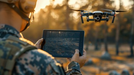 Poster - a man in a military uniform controls the flight of a drone using a tablet.