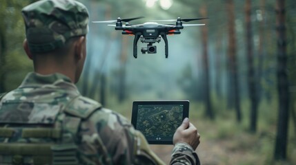 Canvas Print - a man in a military uniform controls the flight of a drone using a tablet.