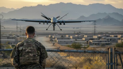 Canvas Print - a man in a military uniform controls the flight of a drone using a tablet.