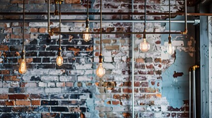 Wall Mural - Industrial-style backdrop with exposed brick, metal pipes, and hanging Edison bulbs