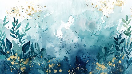 Elegant Abstract Watercolor Art with Teal and Gold Plant Elements