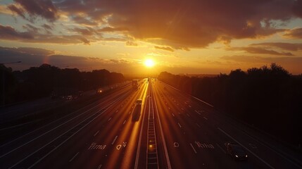 Wall Mural - A beautiful sunset scene over a busy motorway.

