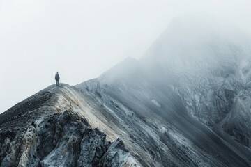 hiking trip, thrill of exploration backpacker trekking a mountain trail, the minimalist composition emphasizing the of the landscape and the spirit of adventurer