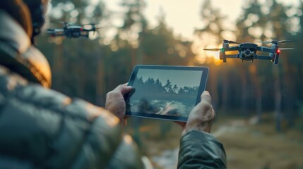 Canvas Print - a man in a military uniform controls the flight of a drone using a tablet.