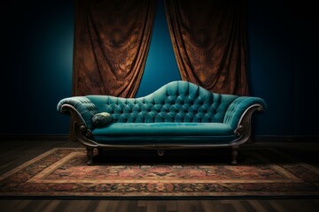 Classic teal sofa against a dark blue wall framed by rich drapery, inviting a touch of sophistication