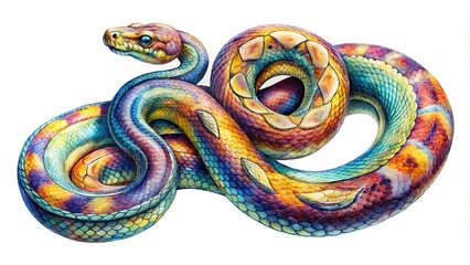 Vibrant python coils showcasing mesmerizing scales arranged in intricate, swirling patterns, highlighting iridescent colors and textures in a stunning, abstract display of natural beauty.