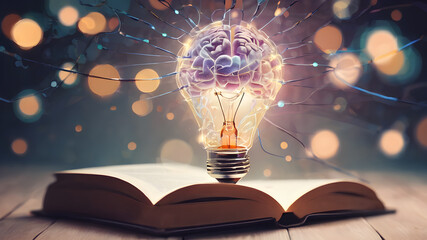 Wall Mural - Creative concept of human brain in light bulb on an open book. AI generated image. Creative brain Idea and light bulb concept ,Business and education concept. AI generated image, ai .